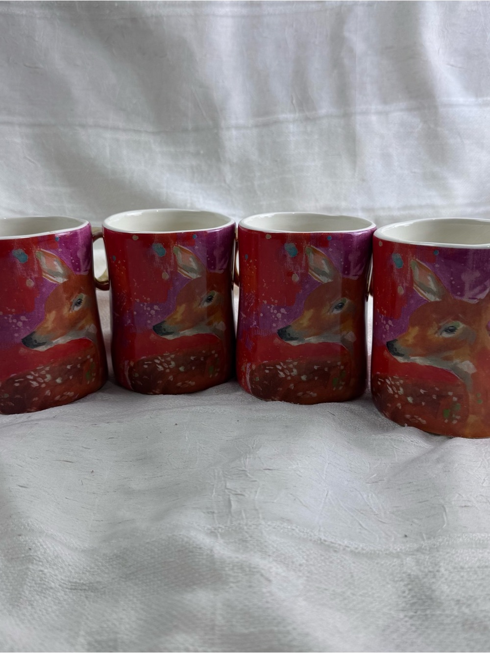 Anthropologie Deer Ceramic Mug Set in Pink and Red